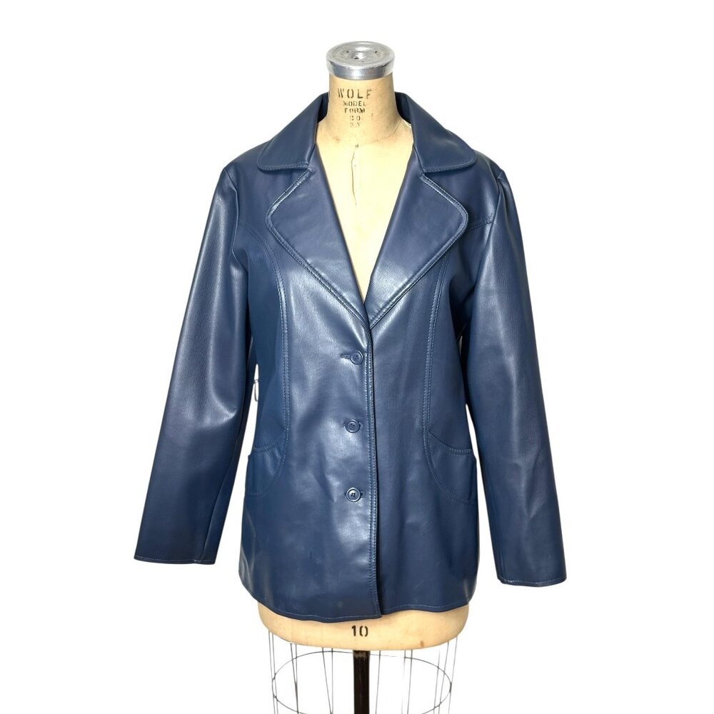1970s blue vinyl jacket with wide notched collar Size M/L VEGAN